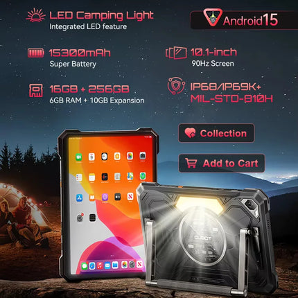 Tablet Android 15 Cubot TAB KingKong S, 15300 mAh Battery, 16GB(6+10), 256GB, 10.1-Inch 90Hz Display, Camping Light, 48MP Camera