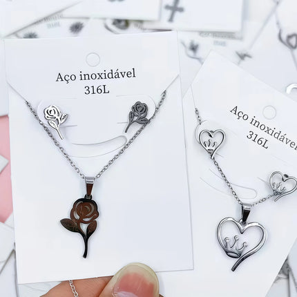 10Sets Fashion Flowers Heart Geometry Stainless Steel Earrings Necklace Set For Women Mix Style Trendy Jewelry Party Gifts