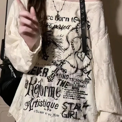 Vintage Y2K Oversize Off shoulder T shirt With Print Women Ripped Top Hole Long sleeve Baggy Basic T shirt Pulovers Ladies Tops