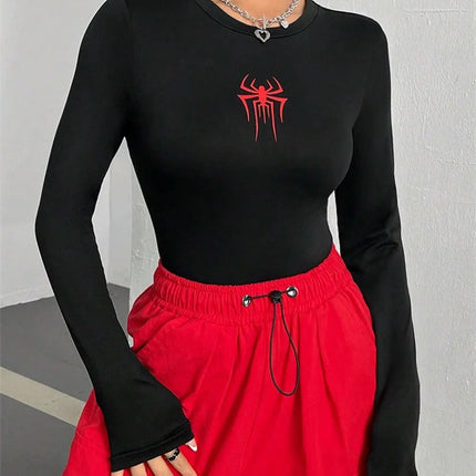 Women Spider Print Round Neck Long Sleeve Crop Tee Top Autumn Winter Spring Y2K Clothes Slim fit T-shirt