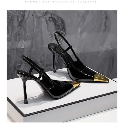 Runway Fashion YS Metal Square Toe Stiletto Heels Women's Baotou Sandals Black Pumps Color Block Glossy Design Shoes Luxury Shoe