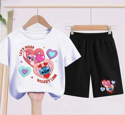 Disney 2026 Summer Round-neck Short-sleeved Set Girl Stitch Printed T-shirt Fashion Child Top+Shorts Casual Daily Sportswear Set