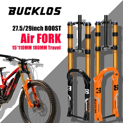 BUCKLOS Bike Air Suspension Fork Travel 180mm Dual Crown MTB 15*110mm Boost Fork 27.5inch 29inch Bicycle Air Suspension Fork