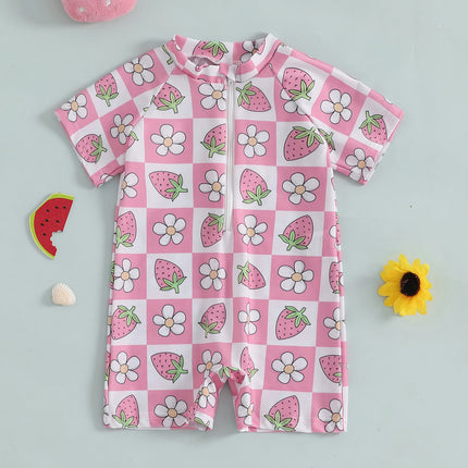 Summer Toddler Baby Girl Short Sleeve Swimwear Bathing Suit Infant Rash Guard Swimsuit Kids Cherry/Bow Print Zipper Beachwear