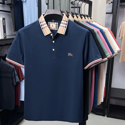 High-end luxury brand men's short-sleeve polo shirt, summer breathable cotton plaid lapel top, fashion embroidered casual T-shirt