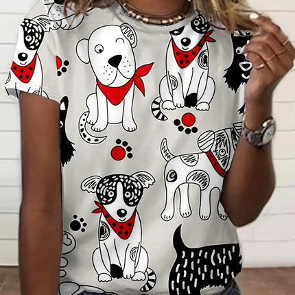 White Doodle Dog Women's Tee - Cute Puppy & Bandana Graphic, Playful Cartoon Print Design for Casual Daily Wear