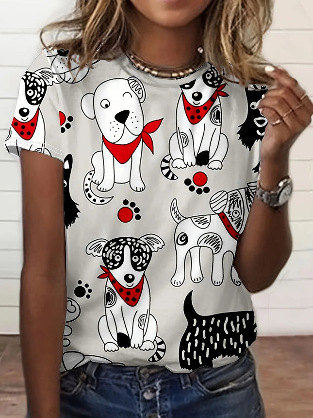 White Doodle Dog Women's Tee - Cute Puppy & Bandana Graphic, Playful Cartoon Print Design for Casual Daily Wear