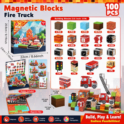 Magnetic Blocks Fire Truck Set 100 Pcs, Educational STEM Building Toy for Kids Gift