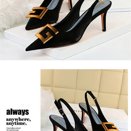2024 Autumn Women Soft Leather Slingback Shoes Thin High Heels Office Dress Fashion Hollow Pointy Toe Gentle Sandals 8999-5