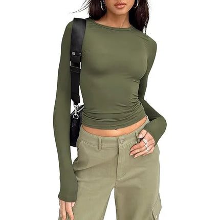 1pcs Four Seasons Fashion Senior Women T-shirt Long Sleeve Crew Neck Solid Slim Fit Tee Ladies Crop Top  Daily Streetwear Camis