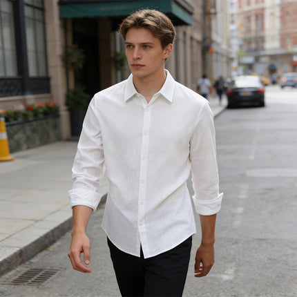100% Linen Cotton Shirt Men Casual Fashion Male Clothing High Quality Tops Black White Shirts Business Long Sleeve Shirt Men