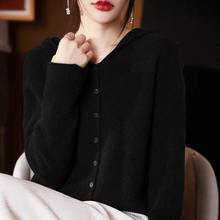 Women's Seamless Wool Hooded Cardigan Women's Autumn And Winter Loose Relaxed Long Sleeve Cashmere Knitted Large Top