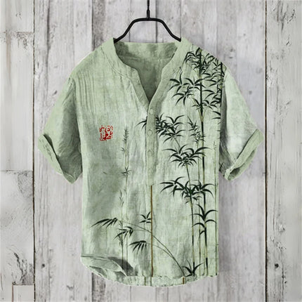 Chinese Retro Men's Short-Sleeved POLO Shirt Linen Blended Printed Clothing Comfortable High Quality Large Size Men's Tops