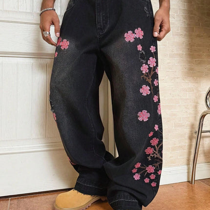 Men's Black Vintage Loose Wide-Leg Jeans, Four-Season Street-Style Ripped Denim Pants with Cherry Blossom Embroidery