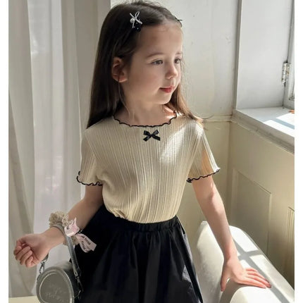 Girls' 1-12Y Korean-Style Knitted Lace-Trimmed Short-Sleeve Summer Ruched Tops: Trendy, Breathable, Bow Tie, Versatile Tee