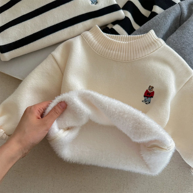 2025 Winter Girls Boys Casual Cute Embroidery Bear Thick Warm Fleece Knitting Sweaters Four Colors