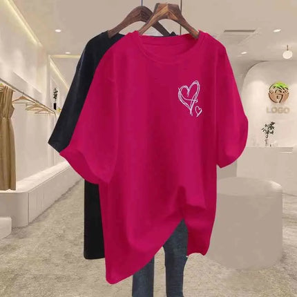Summer 2025 New Elegant Love Print T-shirts Women Clothing Casual Loose Cotton Pullover Office Lady Basic Short Sleeve Top Tees