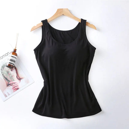 2025 Women's Vest Tops With Built-in Bra Neck Vest Padded Slim Fit Tank Tops Sexy Shirts Feminino Casual Underlay Slimming Shirt