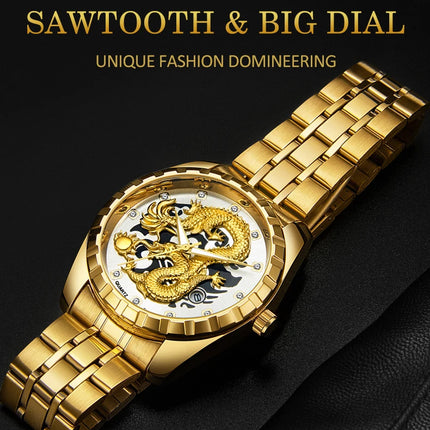 WLISTH Men's Watch 3D Golden Dragon Original Quartz Watch for Men Dragon Dial Waterproof Luminous Date Stainless Steel Watches