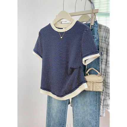 2026 New Women's Loose Fit Casual Stripe Short Sleeve T-Shirt Comfortable Breathable Cotton Polyester Blend Summer Top