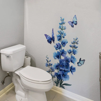 1Pc Romantic Blue Flower Butterfly Wall Sticker Living Room Bedroom Decor Home Wall Decor Self-adhesive Stickers Room Decoration