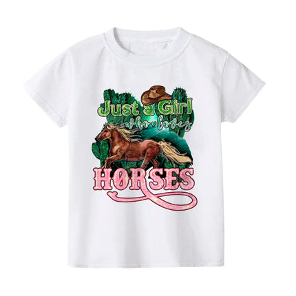 Just A Girl Who Loves Horses Print Kids T-shirt Toddler Short Sleeve Shirt Girls Cute Casual Clothes Children Summer Tee