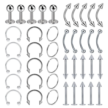 40PCS Surgical Steel Body Piercing Jewelry Lot Bulk Nose Ring Tongue Bar Lot Eyebrow Labret Piercing Set Horseshoe Ring Lot Pack