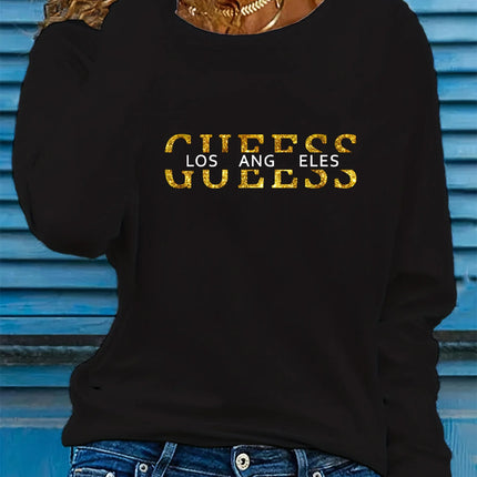 Spring and Autumn Women's 100% Cotton Fashion Casual Loose Los Angeles Letter Pattern Printed Long Sleeve Round Neck T-shirt