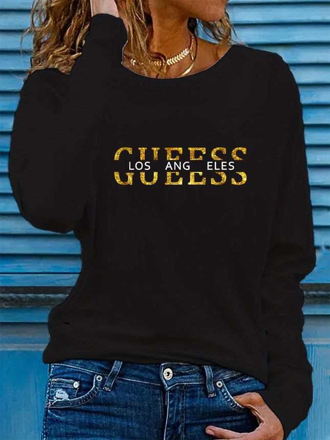 Spring and Autumn Women's 100% Cotton Fashion Casual Loose Los Angeles Letter Pattern Printed Long Sleeve Round Neck T-shirt