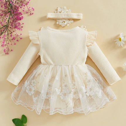 Pudcoco Baby Girls Romper Dress Mesh Lace Patchwork Long Sleeve Jumpsuits and Cute Headband Set for Toddler Infant 0-12M