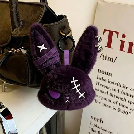 Halloween Gothic Bunny Plush Keychain RabbitBag Charm with Bandage Desian Kawaii Key Ring Pendant Car Bag Ornament Gift