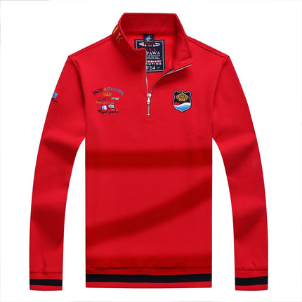 TACE&SHARK Fashion Men's Shark Embroidery Long Sleeve Polo Shirt Cotton Casual Wear Business Solid Color Tops