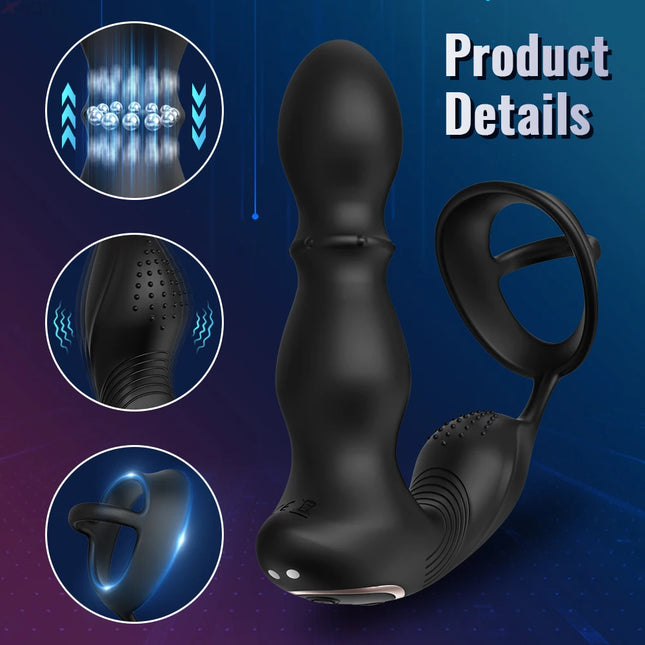 Wireless Remote Control Male Thrusting Prostate Massager 3-Motor Anal Plug Dildo Butt Plug Sex Toys for Men Telescopic Cock Ring