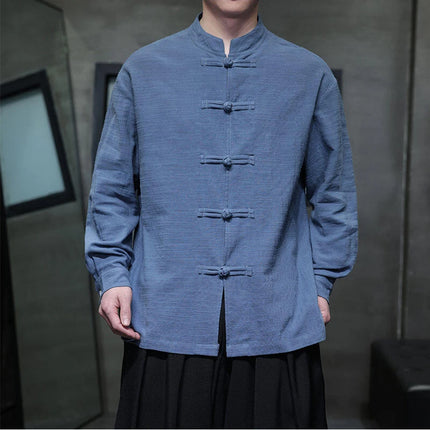 Chinese Style Men Long Sleeve Casual Shirt New 2026 Spring Vintage Mandarin Collar Loose Male Cotton Linen Tops Shirts N055