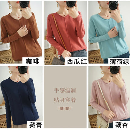 2023 Autumn/Winter Women's New Pullover Casual Solid 100% Cotton Knitted V-Neck Loose Sweater Fashion Soft Breathable Top