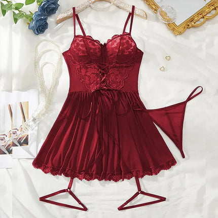 Sexy Bra And Garter Belt Lingerie Hot Red Babydoll Dress Erotic Women Exquisite 3-Piece Sets Thong Nightgown Set With Leg Rings