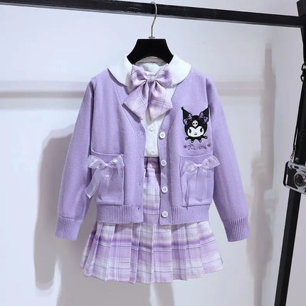 New Sanrio Cute Kuromi My Melody Cardigan Jacket Long Sleeve Shirt Pleated Skirt Preppy Style Jacket Three Piece Set Wholesale