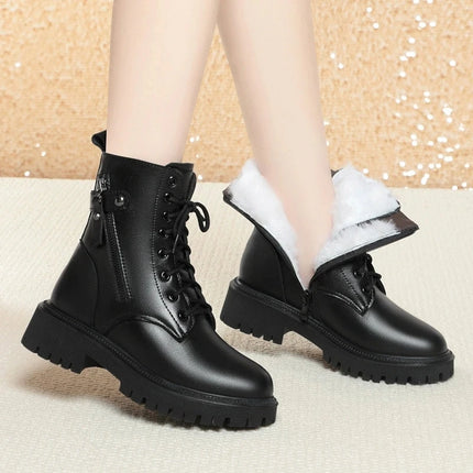 WOIZGIC Women Female Ladies Mother Genuine Leather Shoes Ankle Boots Winter Autumn Warm Fur Wool Zipper Plus Size 42 43