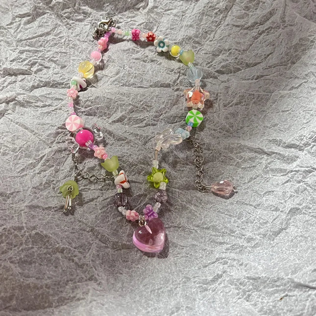 Korean Exquisite Retro Flower Love Heart Beaded Necklace For Women Personality Simple Cool Clavicle Chain Fashion Y2K Jewelry