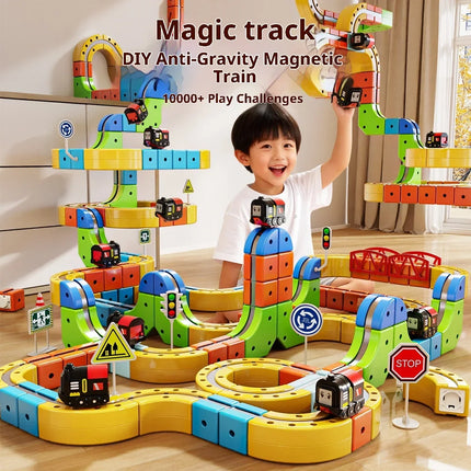 62/105/167PCS Magic Cube Magnetic Car Stem Racing Car Railtrack Set Montessori Motorized Train & Gravity Maze Toy Gift For Kids