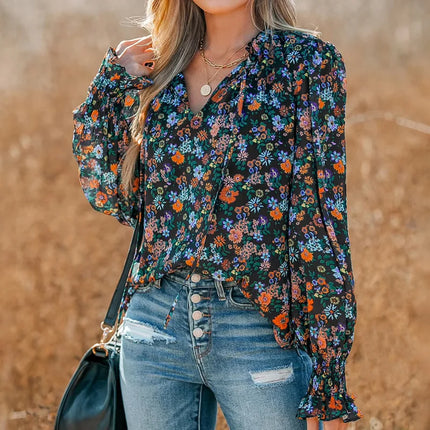 Plus Size Women's Shirt, Flower Print V-Neck, Long Sleeves with Ruffles, Casual Resort Style, Suitable for All Seasons