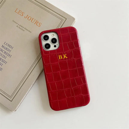 Personalise Customize Name Gold Letter Leather Case For iPhone 13 12 11 14 15 16 17 Pro XS Max XR 8 Plus Luxury Crocodile Cover