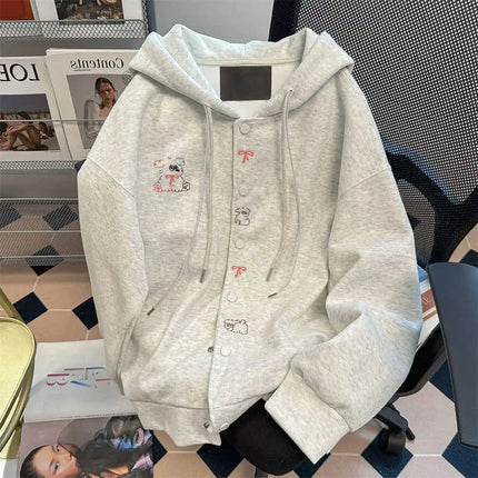 Vintage Cute Dog Print Sweatshirt Open Cardigan Men Women Autumn Loose College Style Casual Match Hat Hoodie Jacket