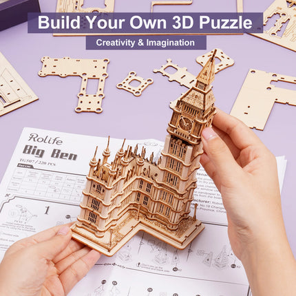 Rolife DIY Wooden 3D Puzzle Big Ben Model Building Kit Brain Teaser Puzzle Toy with LED Light for Home Decor Gifts for Adult Kid