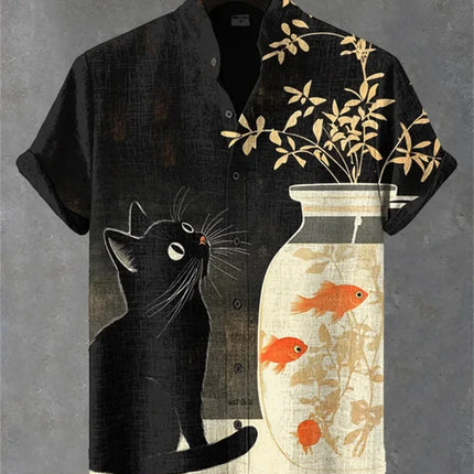 New Healing Style Linen Short Sleeved Shirt for Men, Retro Black Cat, Goldfish 3D Printed Casual Top Clothing