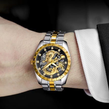 WLISTH Men's Watch 3D Golden Dragon Original Quartz Watch for Men Dragon Dial Waterproof Luminous Date Stainless Steel Watches