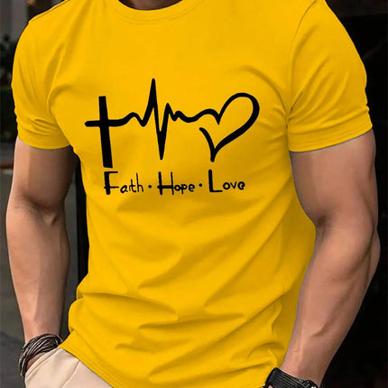 Men's Summer 100% Cotton Fashionable Casual Loose Large Size FAITH HOPE LOVE Printed Sports Round Neck Short Sleeve T-shirt Top