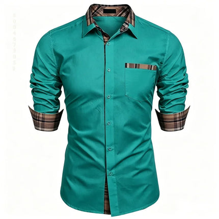 Men's shirt checkered contrasting long sleeved shirt, business casual button up shirt, personalized and trendy men's clothing