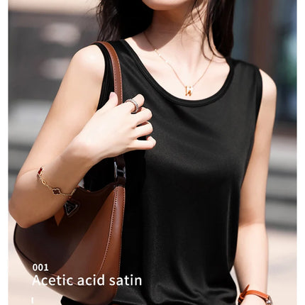 High-End Acetate Fiber Women's Knitted T-shirt with Suspender European Fashion Style Popular Women's Top