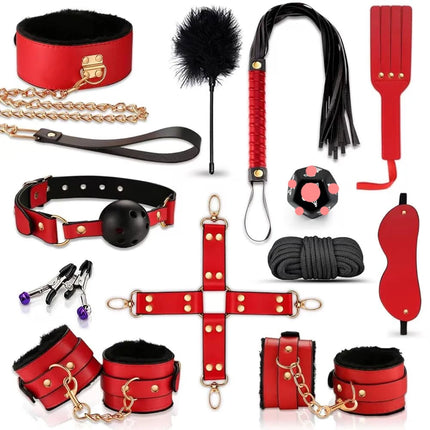 Erotic Bed Bondage Kits Slave Restraint Bondage SM Set Genuine leather Collar Mouth Gag Whips Handcuffs Adult Sex Toy For Couple